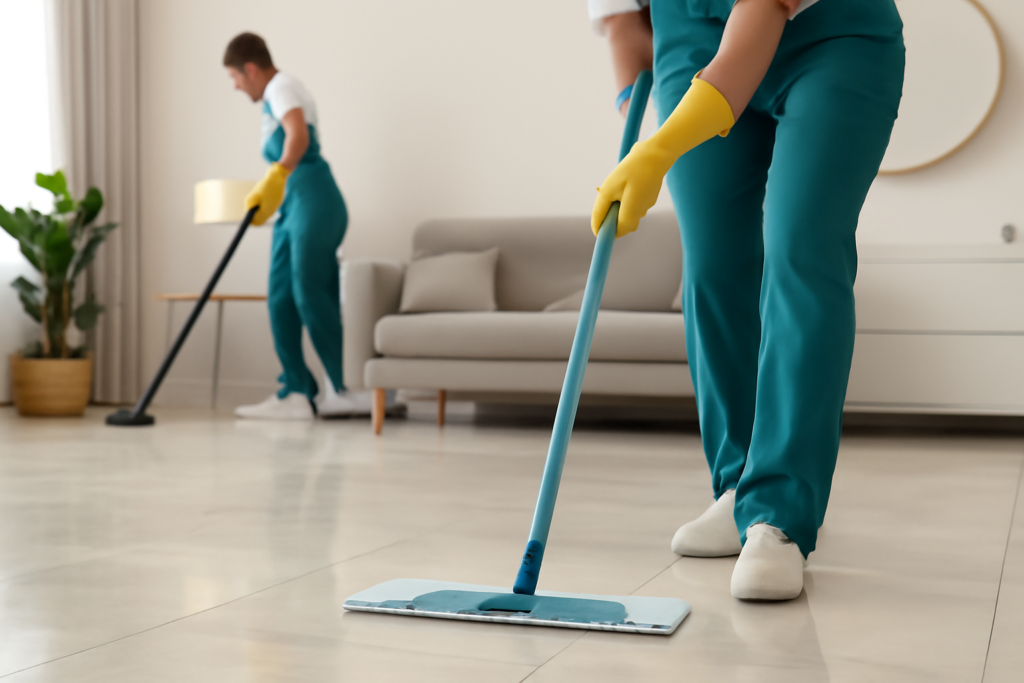 Equipe de limpeza profissional mapeando cuidadosamente o piso de mármore em um apartamento recém-reformado, usando um mop turquesa. A imagem ilustra como evitar danos durante a limpeza pós-obra em pisos de madeira e mármore, com foco na proteção de superfícies delicadas.