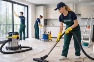 Equipe especializada realizando Limpeza Pós-obra em Belo Horizonte em imóvel recém-reformado, com limpeza técnica de pisos, vidros e superfícies.