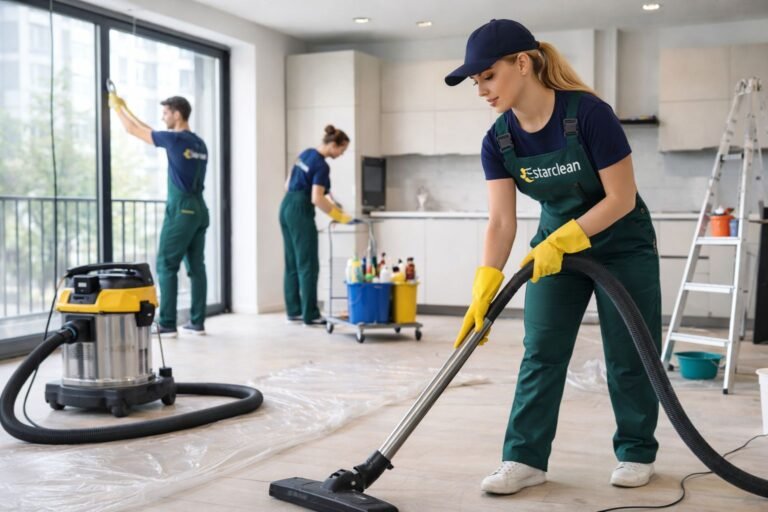 Equipe especializada realizando Limpeza Pós-obra em Belo Horizonte em imóvel recém-reformado, com limpeza técnica de pisos, vidros e superfícies.