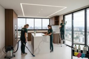 Equipe feminina uniformizada realizando limpeza pós-obra em Belo Horizonte em apartamento de luxo, utilizando aspirador industrial e técnicas de higienização de superfícies finas.