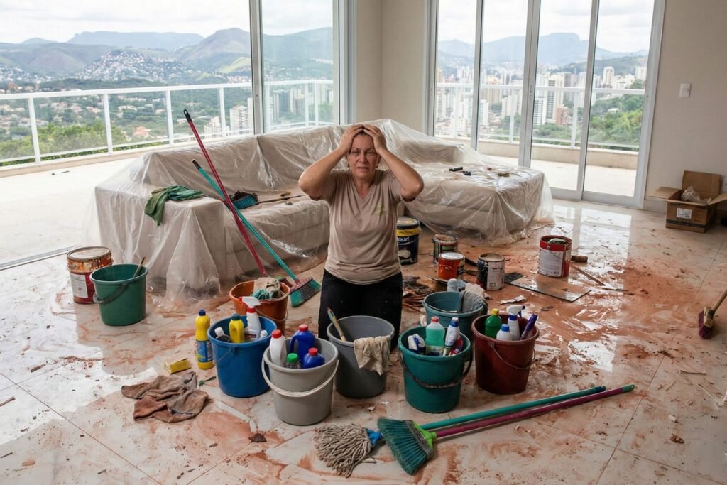 Ilustração de uma profissional doméstica sobrecarregada, representando o comparativo de Limpeza Pesada vs Pós-Obra em Belo Horizonte e os riscos de usar métodos caseiros na construção.