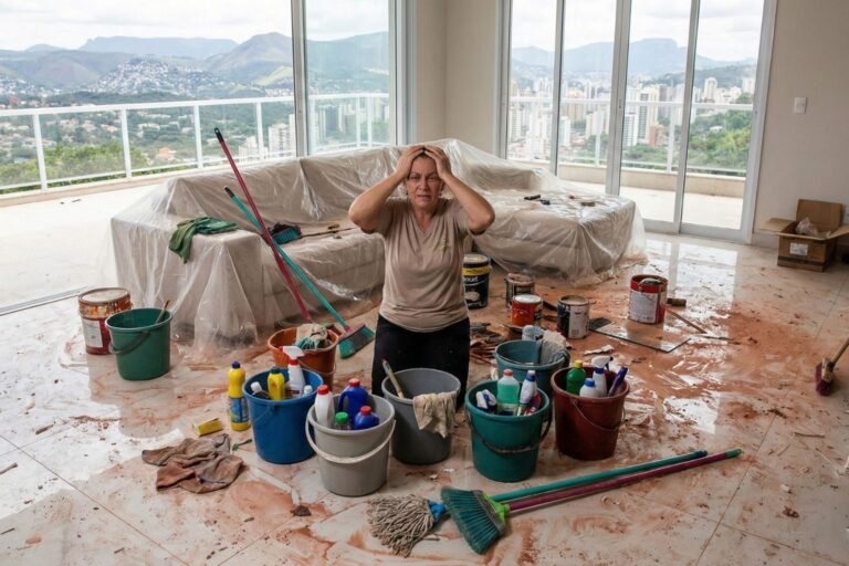 Ilustração de uma profissional doméstica sobrecarregada, representando o comparativo de Limpeza Pesada vs Pós-Obra em Belo Horizonte e os riscos de usar métodos caseiros na construção.