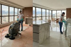 Comparativo antes e depois de uma limpeza pós-obra profissional em Belo Horizonte, mostrando a remoção de sujeira pesada com maquinário industrial e o resultado final impecável em um apartamento de luxo