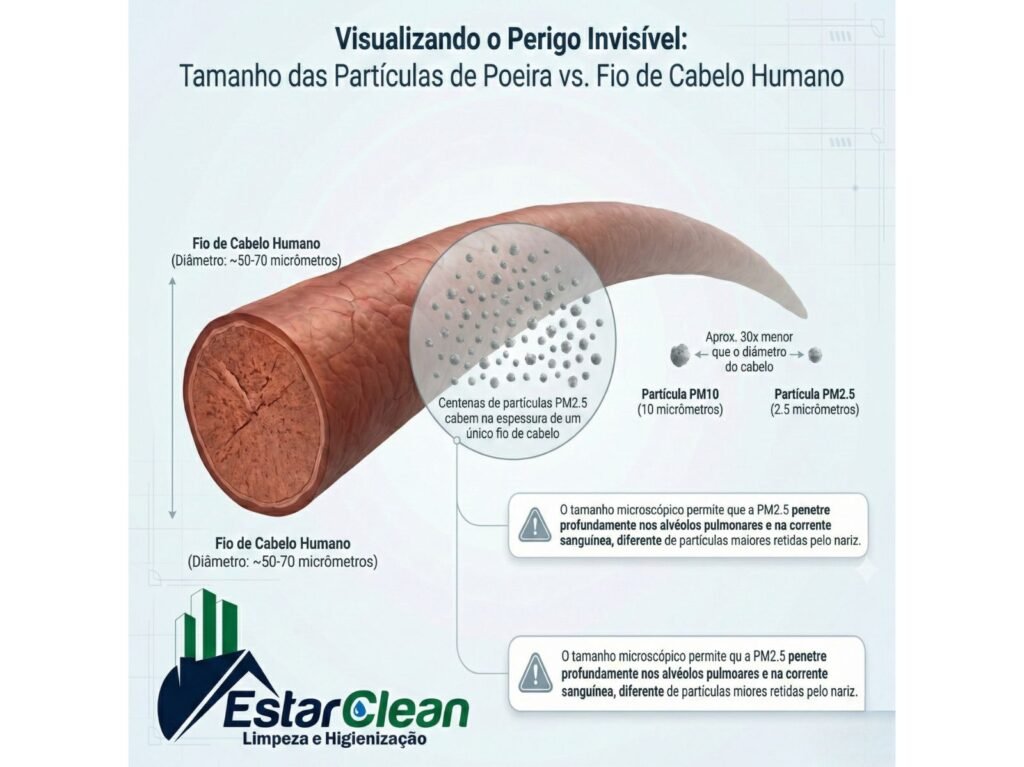 Infográfico 3D da EstarClean Limpeza e Higienização ilustrando o perigo da poeira de obra. A imagem compara a espessura de um fio de cabelo humano (50 a 70 micrômetros) com as micropartículas de poeira PM10 e PM2.5. Uma lente de aumento mostra que centenas de partículas PM2.5 cabem na espessura de um único fio de cabelo, sendo cerca de 30 vezes menores que seu diâmetro. Um quadro de alerta destaca que esse tamanho microscópico permite que a PM2.5 penetre profundamente nos alvéolos pulmonares e na corrente sanguínea, diferente das partículas maiores que são retidas pelo nariz.