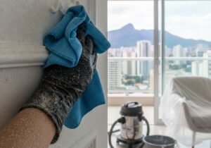 Profissional com luvas pretas e pano de microfibra realizando limpeza pós-obra BH em porta com boiseries, ao fundo vista da Serra do Curral e aspirador HEPA.