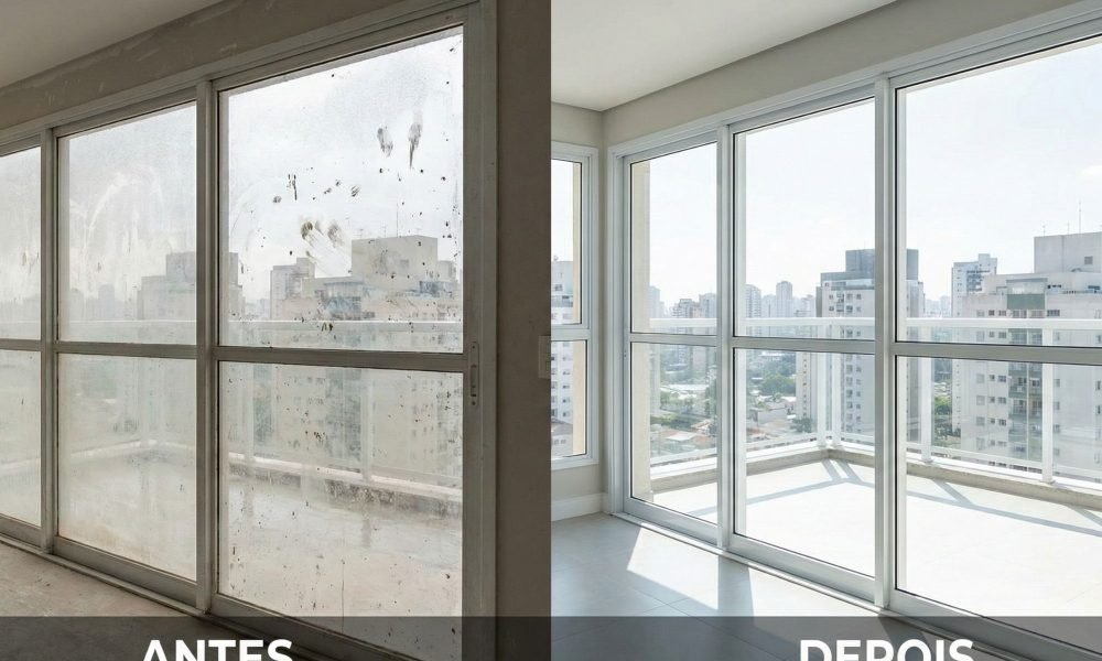 Comparativo antes e depois de limpeza pós-obra em BH, mostrando janelas e portas de vidro sujas com resíduos de construção e, em seguida, perfeitamente limpas e transparentes.