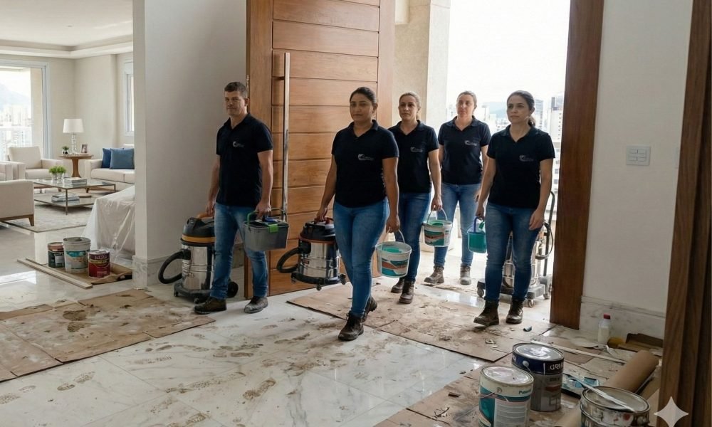 Equipe profissional da Estarclean chegando para serviço de limpeza pós-obra em um apartamento de alto padrão em Belo Horizonte, com equipamentos e em meio a resíduos de construção.